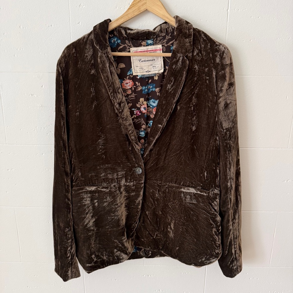 Anthropologie Cartonnier | Crushed Velvet Olive Green Blazer | Size 10